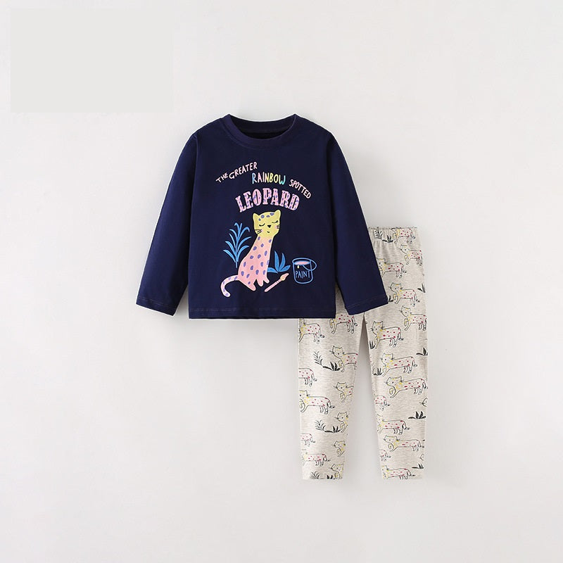 Girls Leopard Cartoon Animals Printing Design Top And Pants Set-4