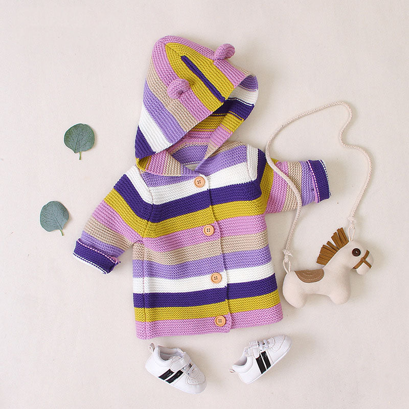 Baby Colorful Striped Pattern Button Front Knitted Cardigan With Hat-4