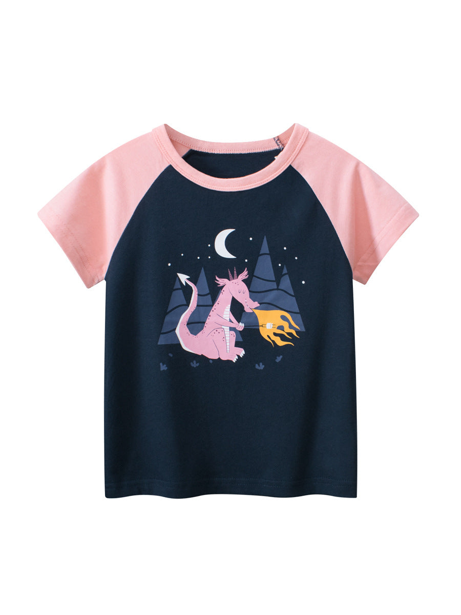 Cartoon Dragon Print Girls’ T-Shirt In European And American Style For Summer-0