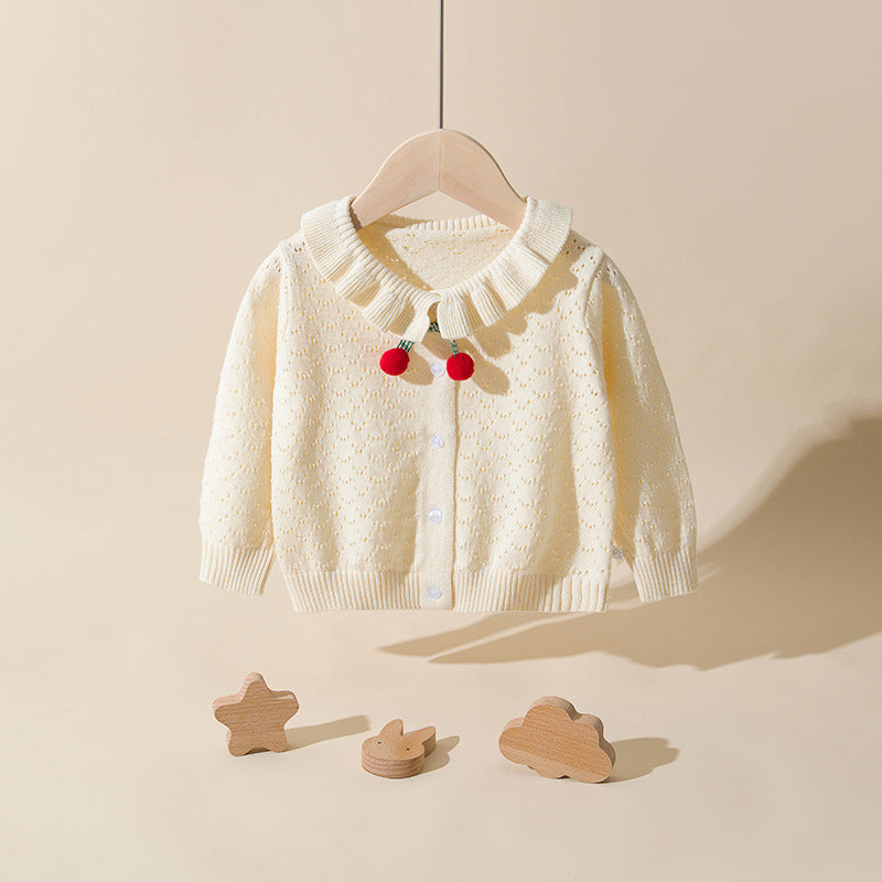 Baby Girl Solid Color Hollow Carved Design Cherry Patched Cardigan-4