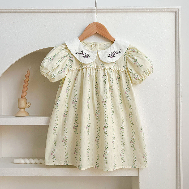 New Design Summer Baby Kids Girls Floral Striped Pattern Short Sleeves Embroidered Onesies And Girls’ Dress – Princess Sister Matching Set-4
