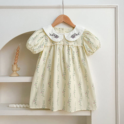 New Design Summer Baby Kids Girls Floral Striped Pattern Short Sleeves Embroidered Onesies And Girls’ Dress – Princess Sister Matching Set-4