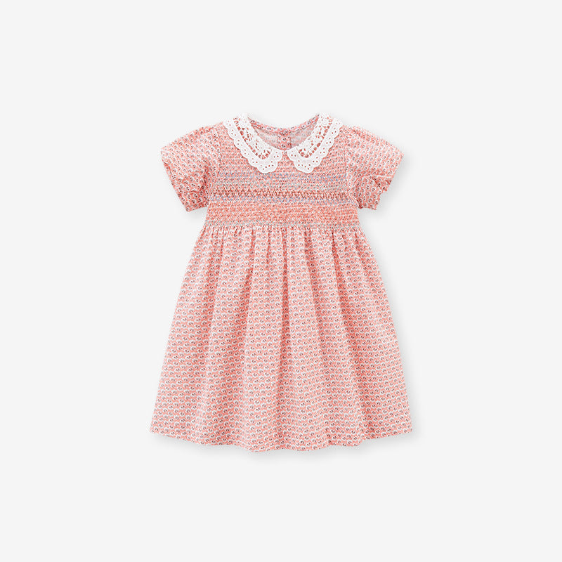 Summer Baby Kids Girls Short Sleeves Lace Collar Print Dress-0