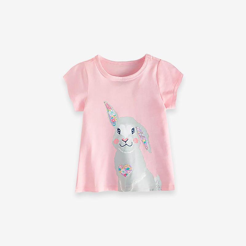 Crew Neck Rabbit Cartoon Pattern Girls’ T-Shirt In European And American Style For Summer-0