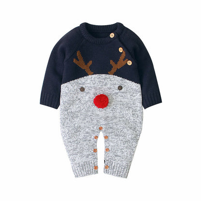 Baby Cartton Pattern Contrast Design Side Button Christmas Knitted Romper-4