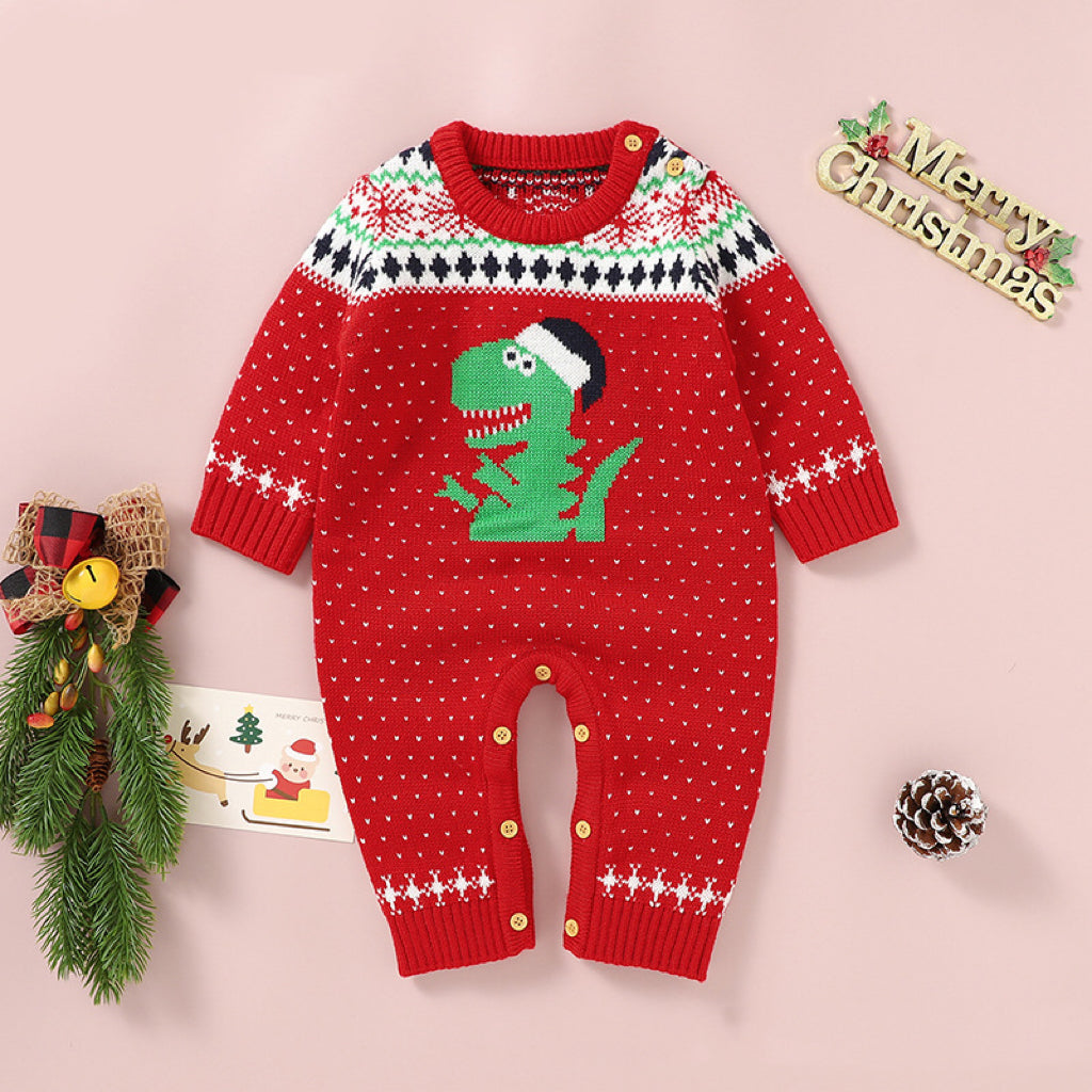 Baby Dinosaur And Dot Print Pattern Christmas Style Knit Warm Romper-0