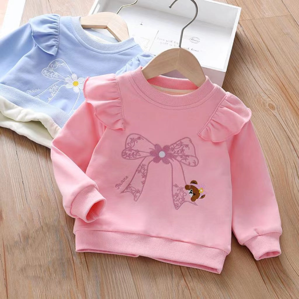 Baby Girl Embroidered Pattern Ruffle Design Fleece Thickened Hoodies-4