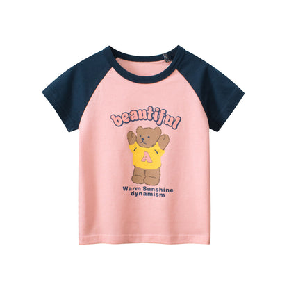 Cute Bear Print Girls’ Patchwork T-Shirt For Summer-0