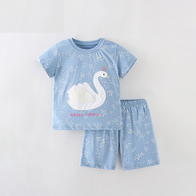 Summer Baby Kids Girls Swan Cartoon Pattern Short Sleeves T-Shirt And Shorts Casual Clothing Set-0