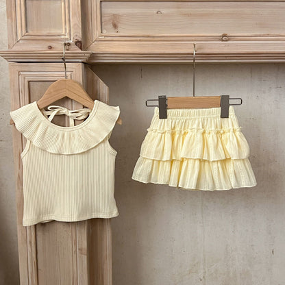 Summer New Arrival Baby Girls Sleeveless Solid Color Top And Ruffle Trim Skirt Clothing Set-0