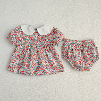 Summer Baby Girls Short Sleeves Floral Pattern Dress And Shorts – Princess Sister Matching Set-5