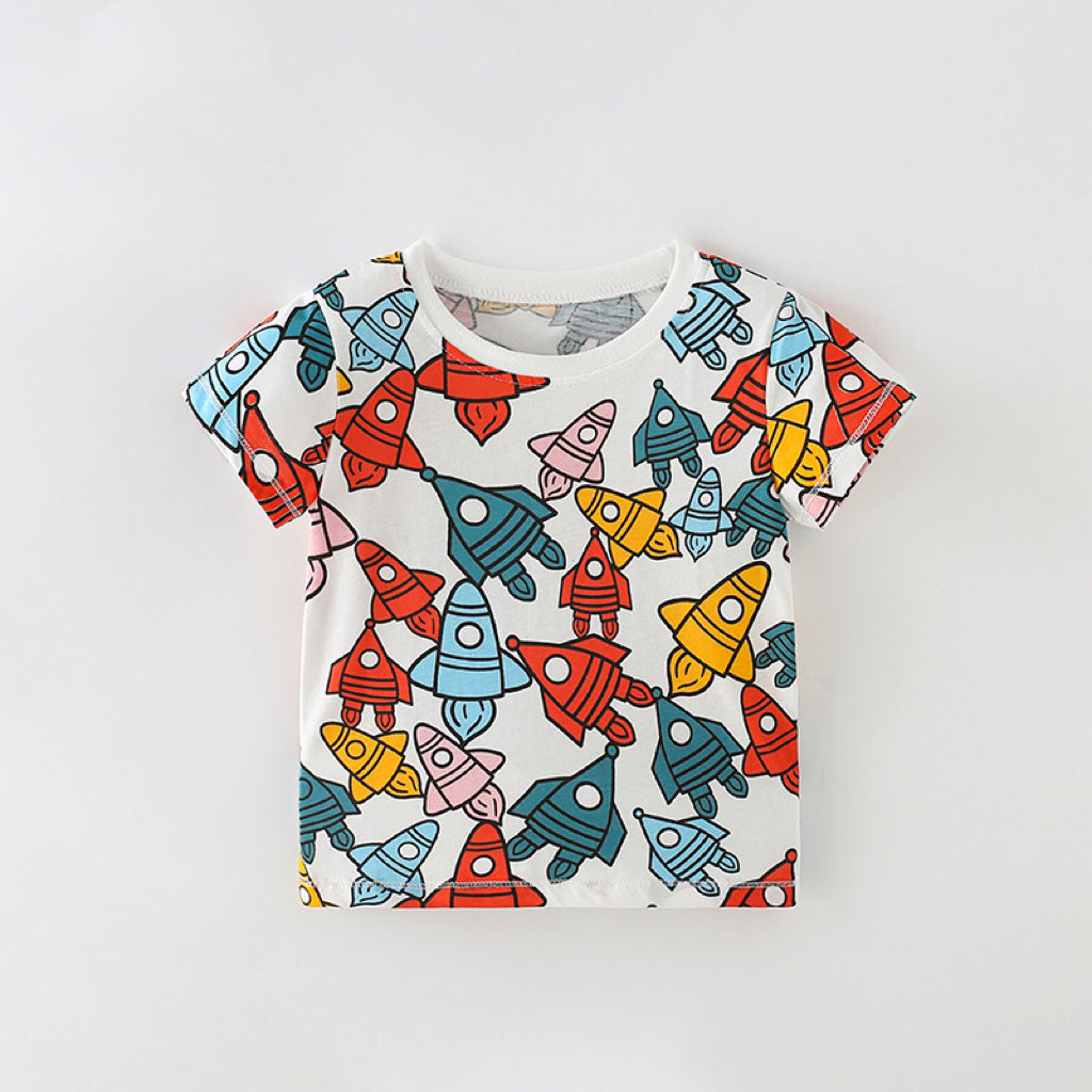 Baby Boy All Over Rocket Pattern Round Neck Tee-4