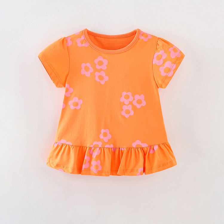 Summer New Arrival Baby Girl Floral Graphic Ruffle Hem Design Short Sleeves Comfy T-Shirt-0