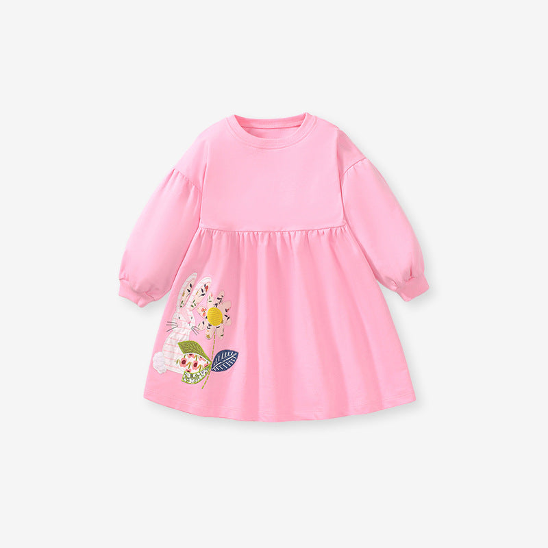 New Arrival Autumn Girls Long Sleeves Flowers And Rabbit Pattern Crew Neck Dress-4