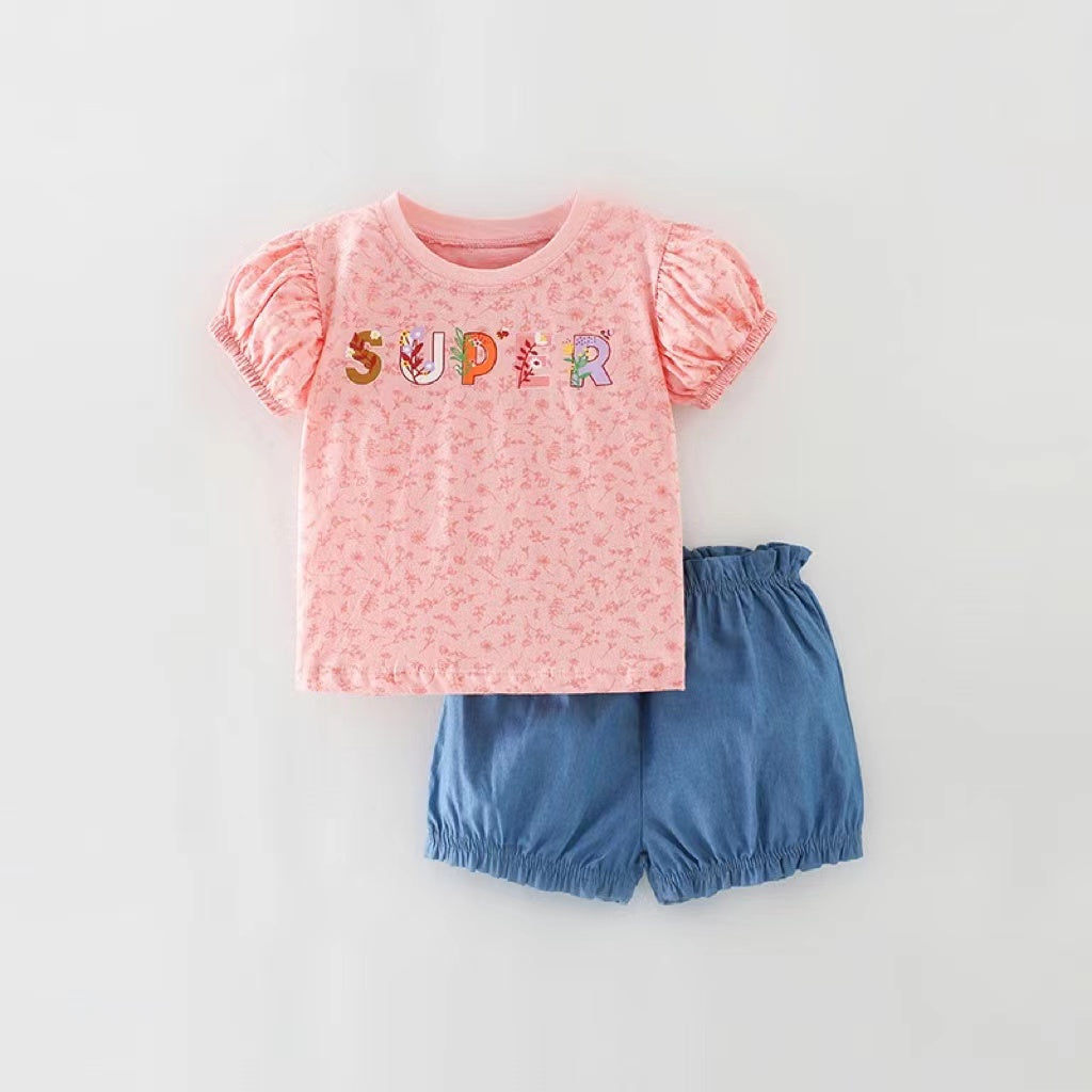 Baby Girl Floral &amp; Slogan Print Graphic Puff Sleeve Tee Combo Denim Shorts Sets-0