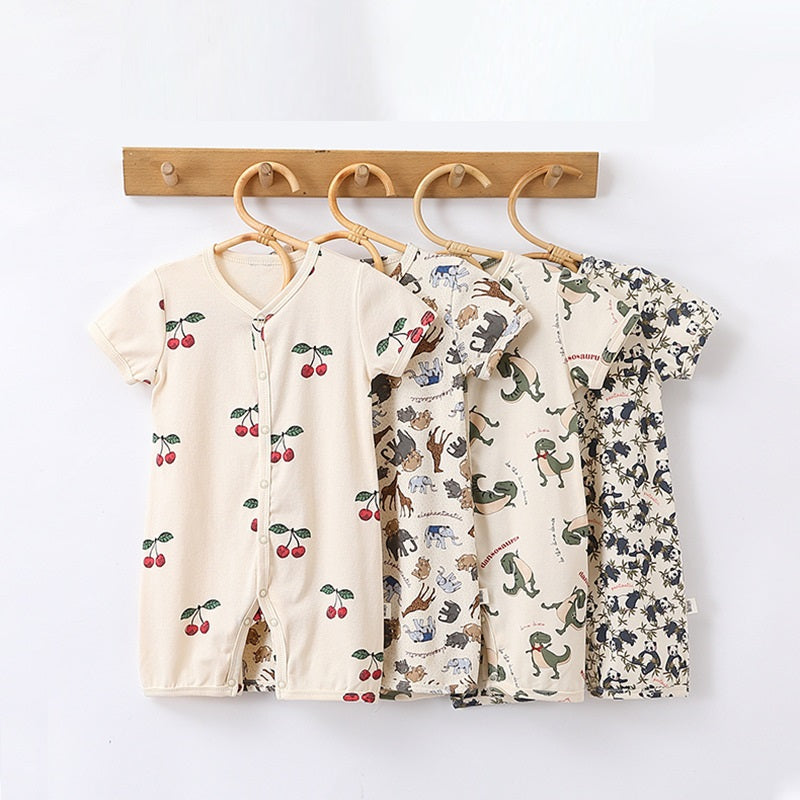 Summer Baby Boys And Girls Cartoon Print Short Sleeves Button Front Romper-0