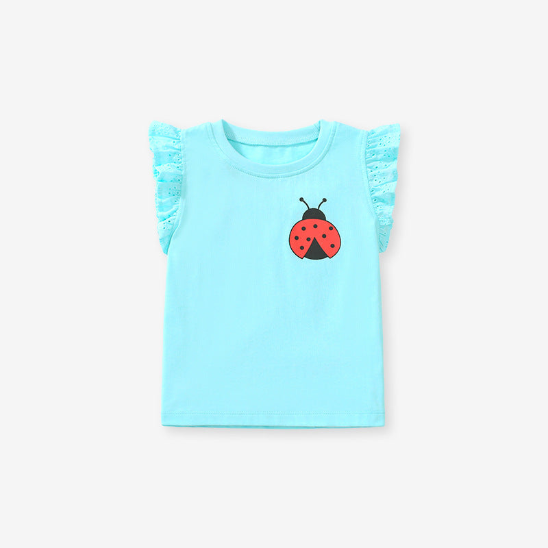 Crew Neck Ladybird Logo Ruffle Sleeveless Girls’ T-Shirt-1