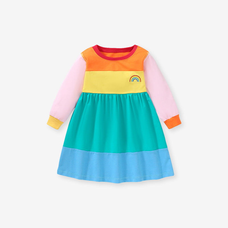 New Arrival Autumn Girls Long Sleeves Rainbow Color Patchwork Crew Neck Dress-1