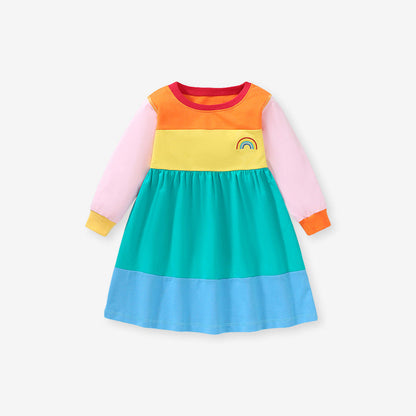 New Arrival Autumn Girls Long Sleeves Rainbow Color Patchwork Crew Neck Dress-1