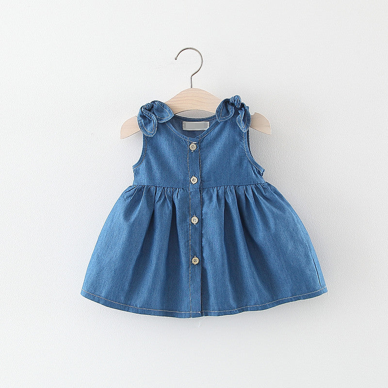 Baby Girl Solid Blue Denim Dress In Summer-1