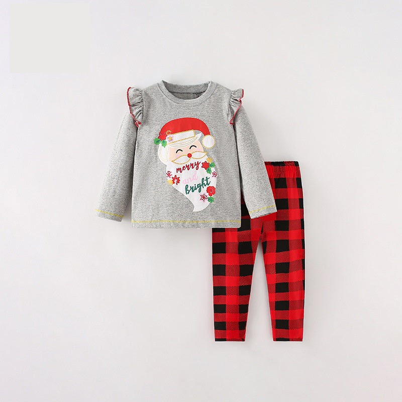 Girls Christmas Cartoon Collection Printing Design Top And Plaid Pants Set-4