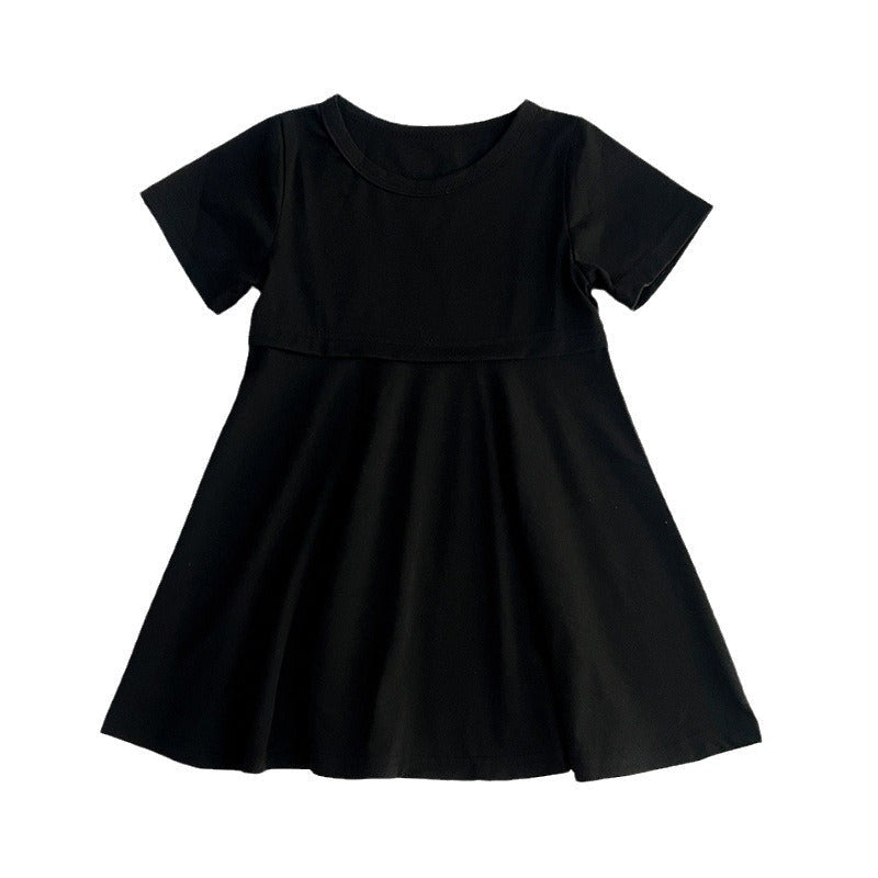 Summer Hot Selling Girls’ Solid Color Black Short Sleeves Slim Fit Dress-5