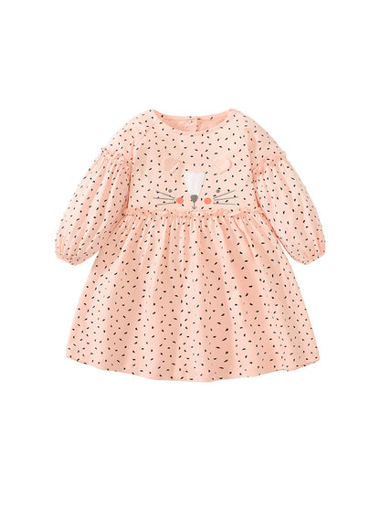 Spring Baby Grils Long Sleeve Cute Cat Design Pink Polka Dot Dress-4