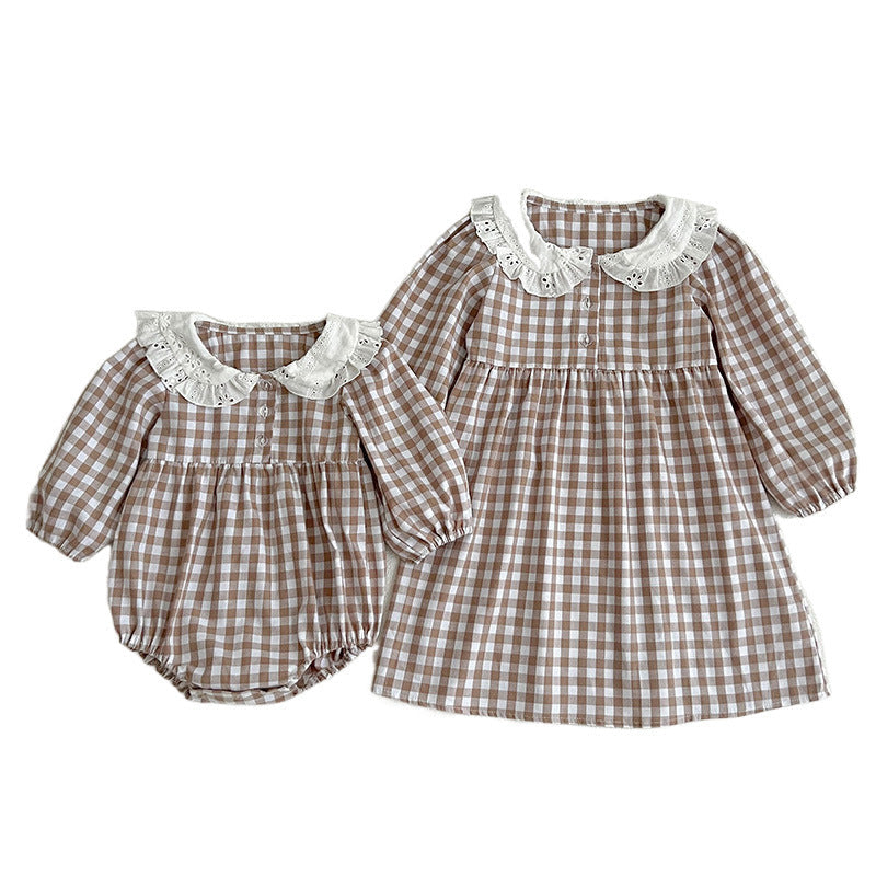 Doll Neck Plaid Pattern Long Sleeve Onesies-4