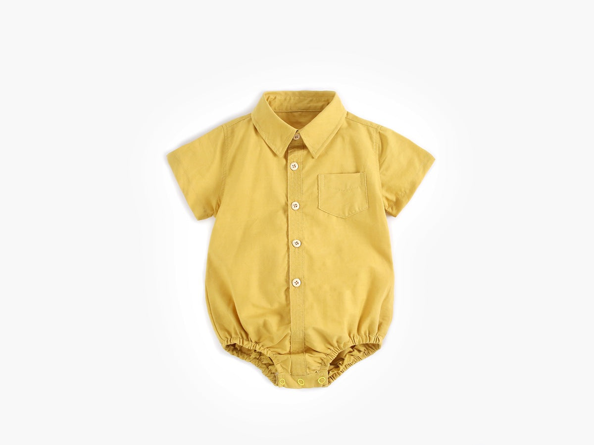 Baby Boy Solid Color Buttoned Shirt With Pockets Short Sleeve Onesies Online In Summer-6