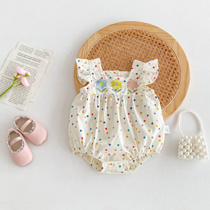 Summer New Arrival Baby Girls Fly Sleeves Colorful Dots Pattern Floral Embroidery Onesies-5