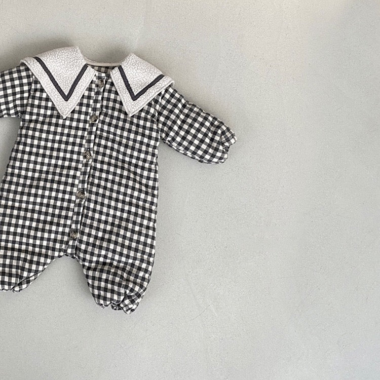 Baby 1pcs Plaid Pattern Lapel Design Quilted Warm Rompers-5