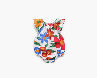 Baby Girl Floral Print Ruffle Design O-Neck Onesies In Summer-6