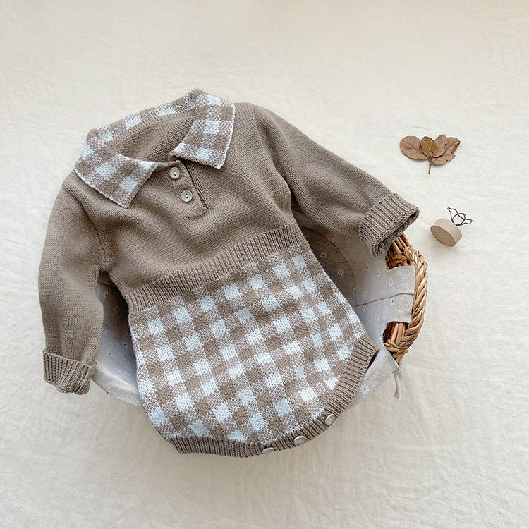 Baby Checkerboard Pattern Polo Neck Knit Warm Onesies-6