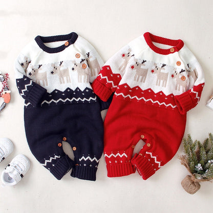 Baby Christmas Giraffe Pattern Shoulder Button Design Sweater Rompers-0