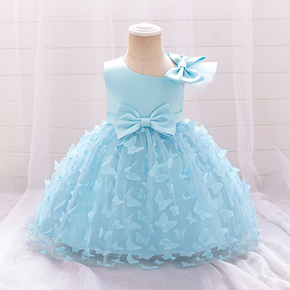 New Design Summer Baby Kids Girls Sleeveless Butterfly Pattern Mesh Bow Tied Strap Dress-5