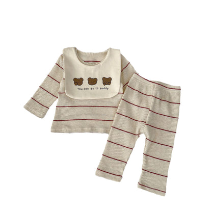 Striped Pattern Pajamas With Removable Drool Towel Sets-5