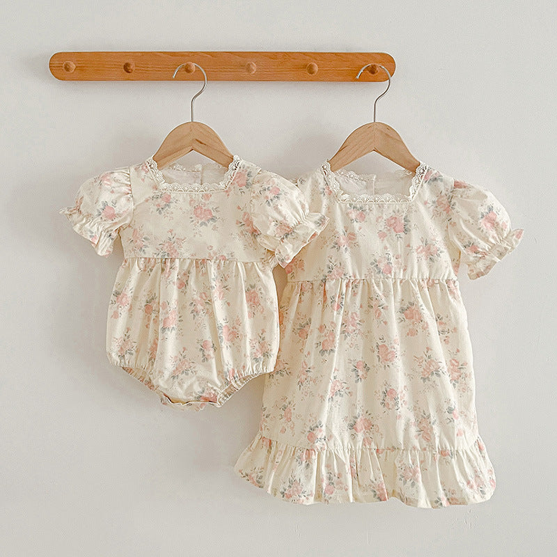 Summer Girls Floral Pattern Square Neck Onesies And Girls’ Dress – Princess Sister Matching Set-0