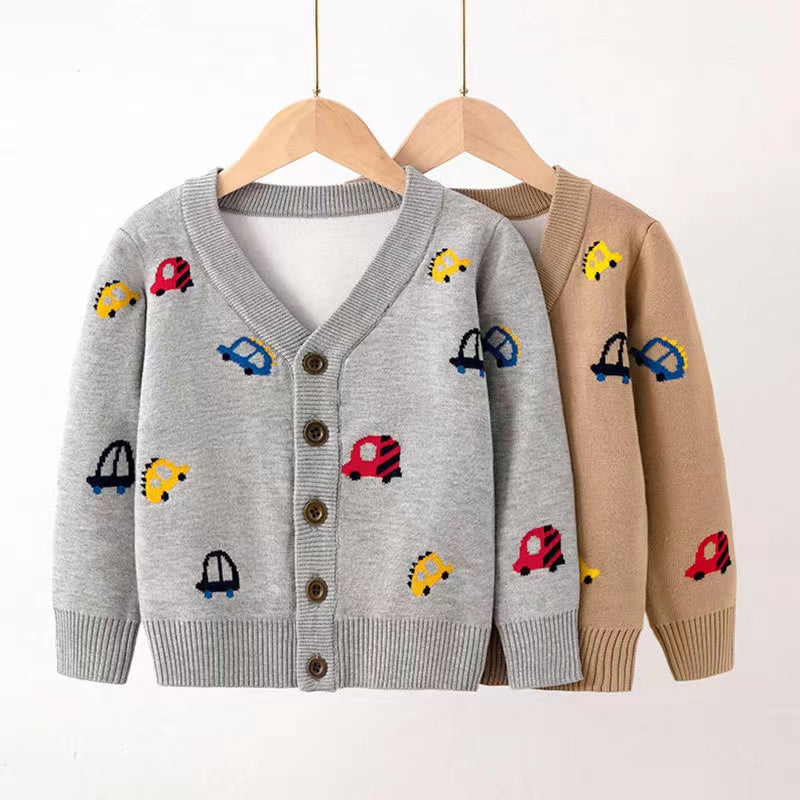 Kid Boys Car Pattern V-Collar Cardigan-0