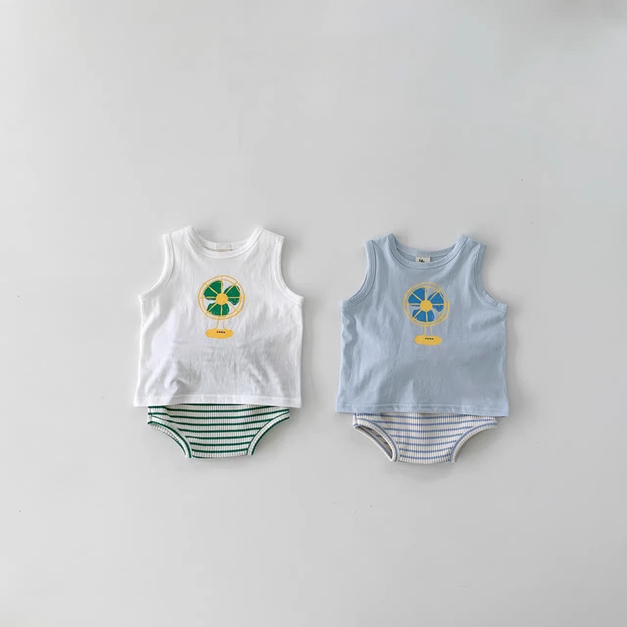 Summer Baby Kids Unisex Cartoon Pattern Top Vest And Striped Bloomers Clothing Set-5