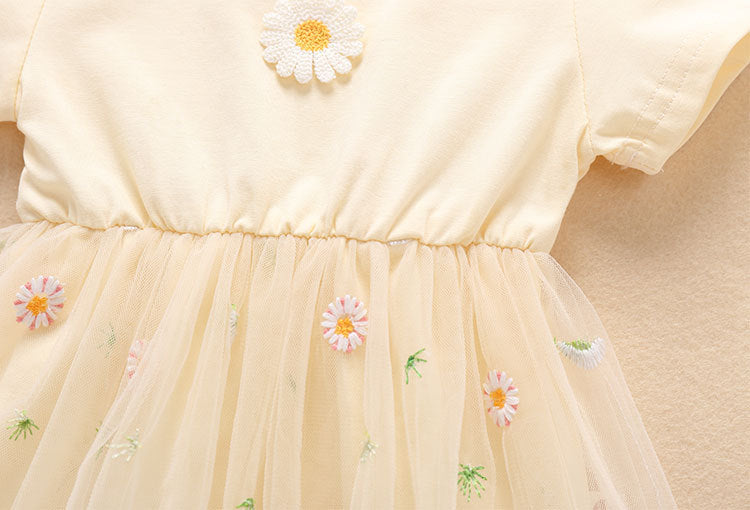 Baby Girl Embroidery Daisy Short-Sleeved Round Collar Dress-6