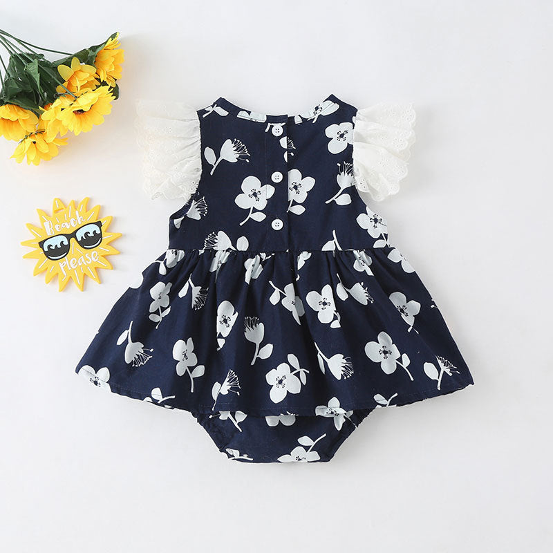 Baby Girls Floral Print Single Breasted Design O-Neck Sleeveless Onesies Dress In Summer-0