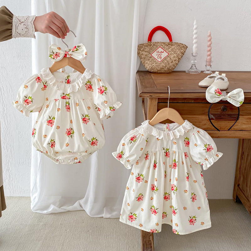 Summer Girls Flowers Pattern Short Sleeves Hollow Out Ruffle Collar Onesies And Dress – Sister Matching Clothing Set-0