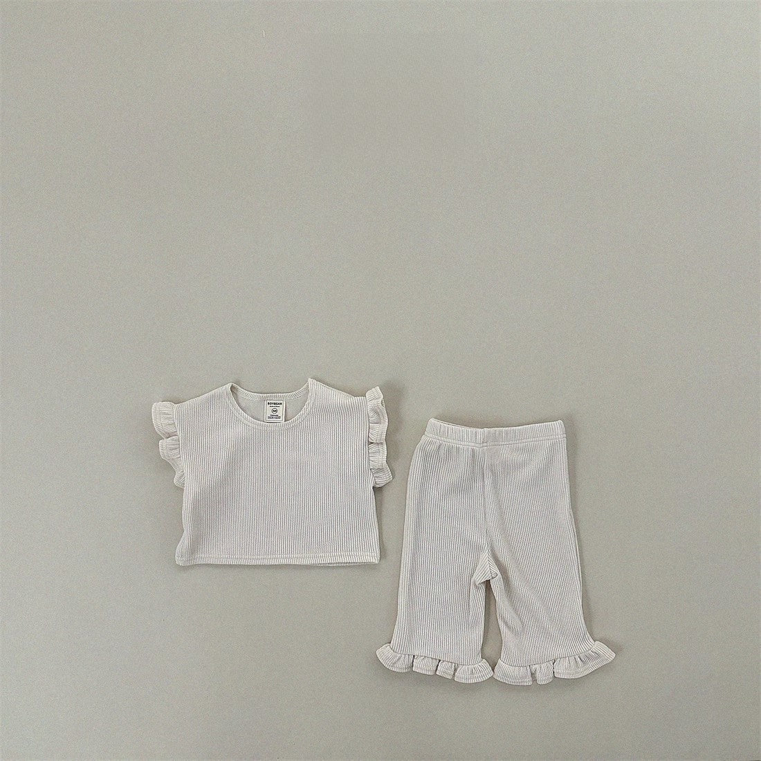 Summer Baby Kids Girls Solid Color Simple Casual Fly Sleeves T-Shirt And Pants Clothing Set-6