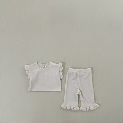 Summer Baby Kids Girls Solid Color Simple Casual Fly Sleeves T-Shirt And Pants Clothing Set-6