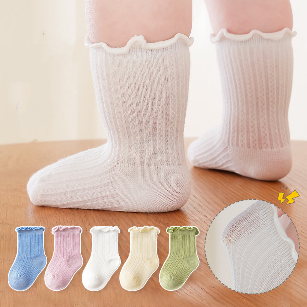 Baby Solid Color Mesh Breathable Ruffle Design Socks-0