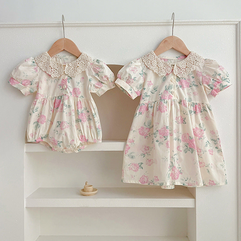 Summer Girls Floral Pattern Hollow Out Peter Pan Collar Short Sleeves Onesies And Girls’ Dress – Princess Sister Matching Set-0