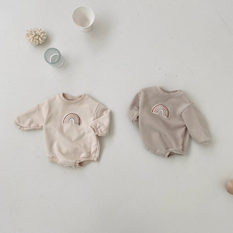 Baby 1pcs Rainbow Embroidery Pattern Solid Color Long Sleeves Soft Bodysuit-5