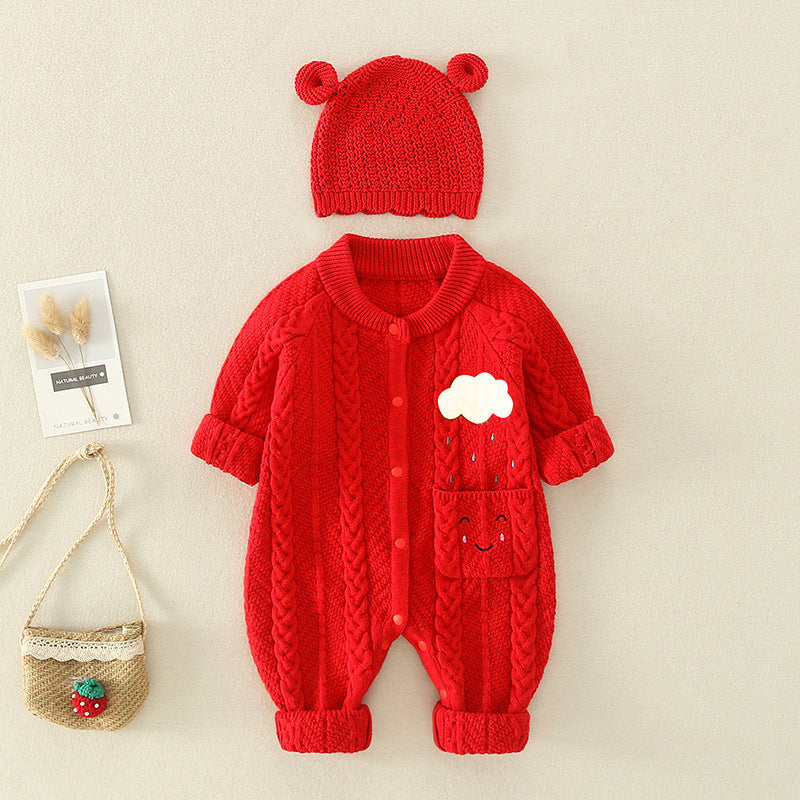 Baby Solid Color Cartoon Embroidered Design Crochet Knit Romper-5