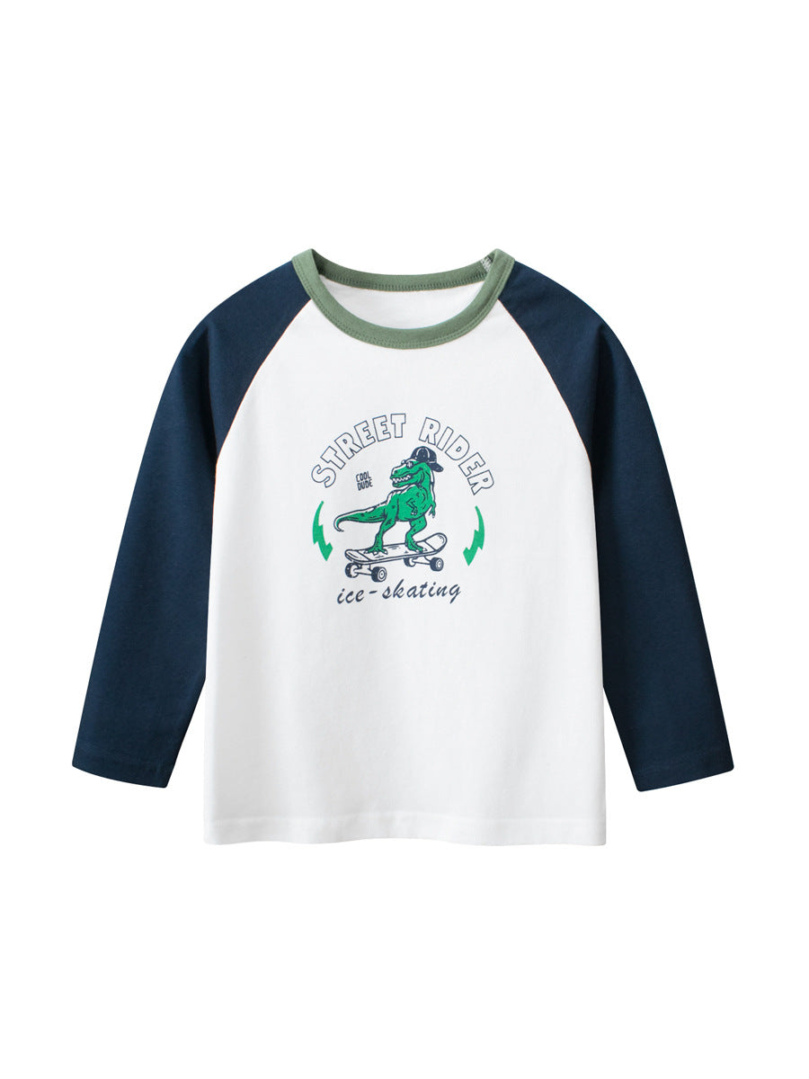 Baby Boys Dinosaur Sporting Cartoon Color Patchwork Crew Neck Long Sleeve Pullover-0