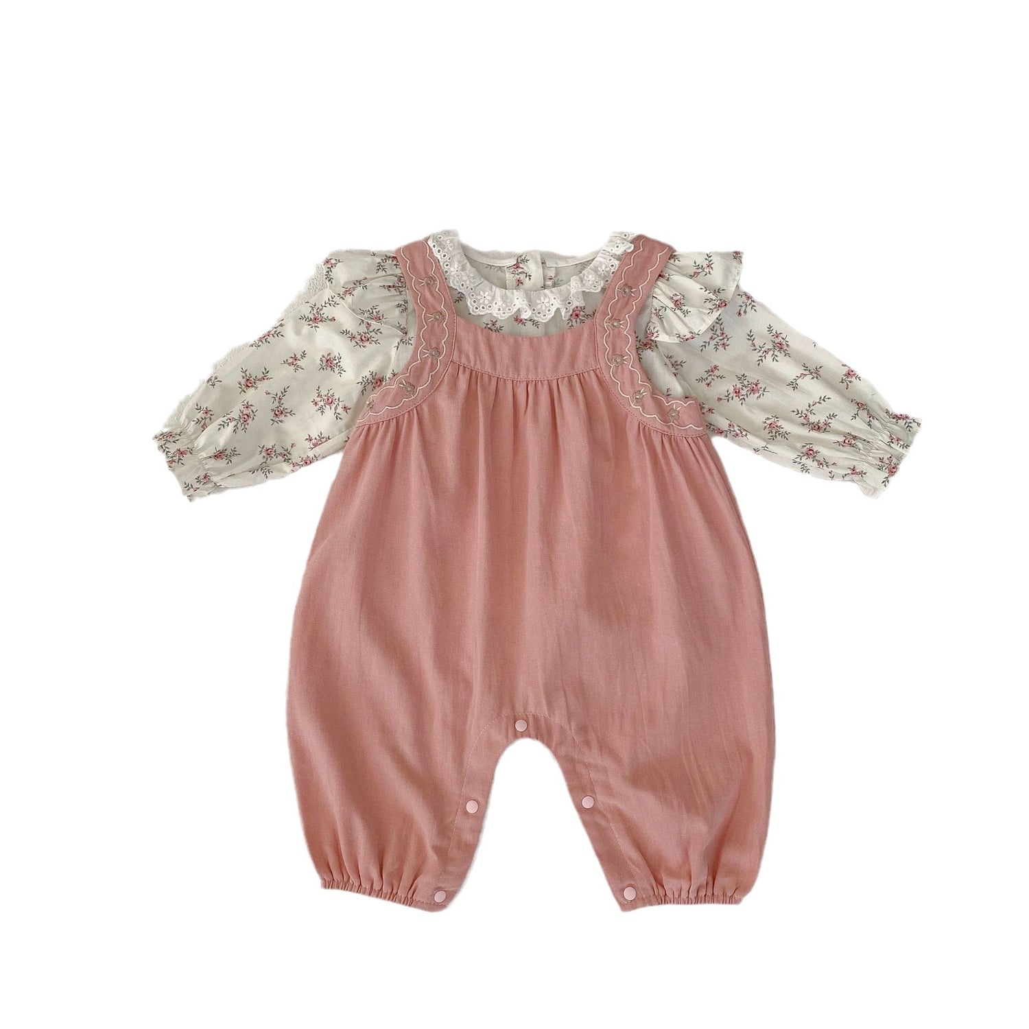 Floral Pattern Blouses With Pink Overalls Sets-6